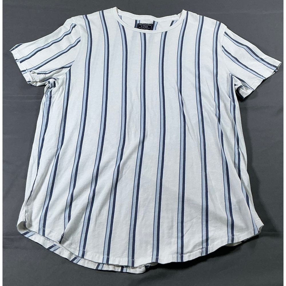 Abercrombie & Fitch Mens XL Blue White Vertical Stripe Curved Hem T-Shirt VTG